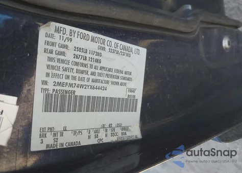 2000 Mercury Grand Marquis Gs из США, поврежденный, VIN 2MEFM74W2YX644424